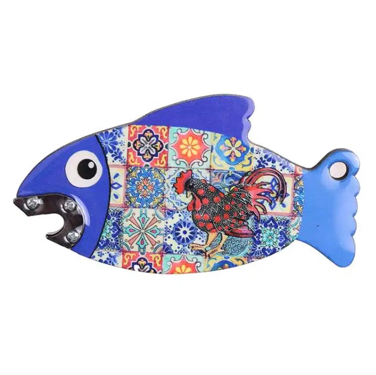 Home decoration OEM customizable printing fish shape design bottle opener ceramic fridge cover sticker magnet customise